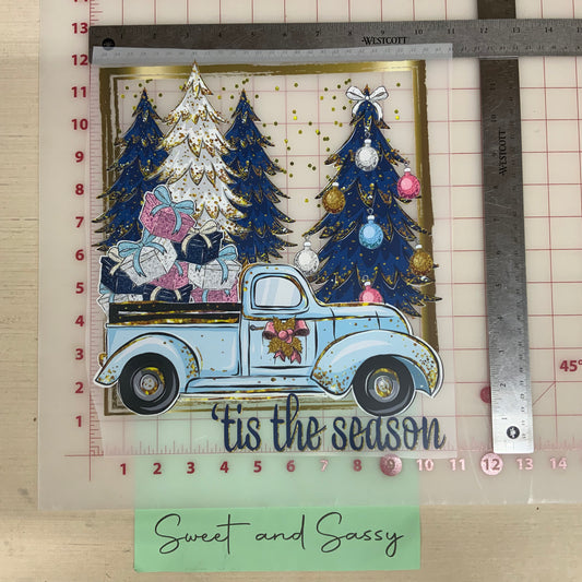 Tis the Season Blue Truck and Gold DTF Transfer Design