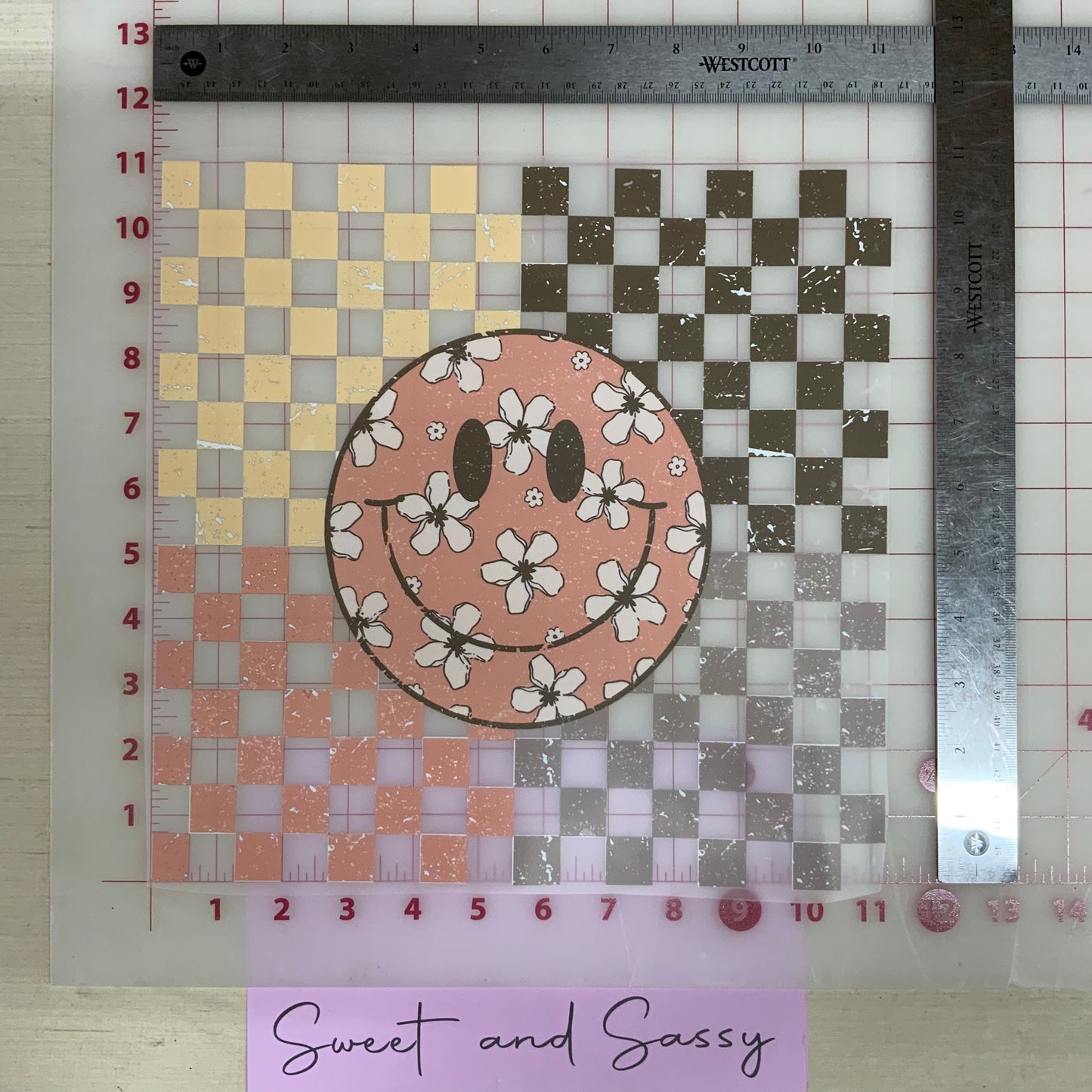 Checkered floral smiley DTF Transfer Design