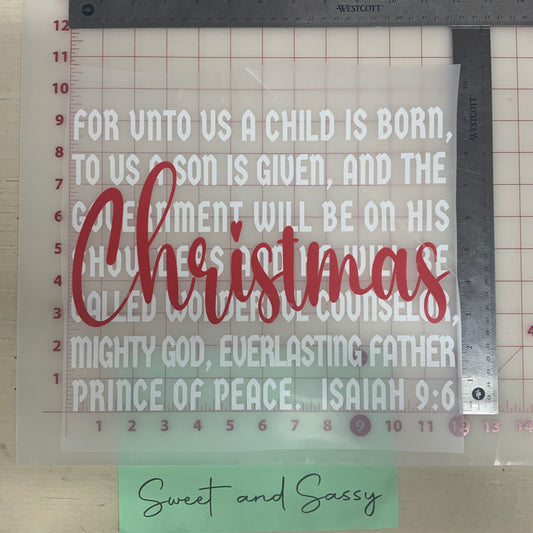 For unto us a child is Born, Christmas DTF Transfer Design