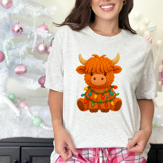 Highland Cow Christmas lights Yarn DTF Transfer Design