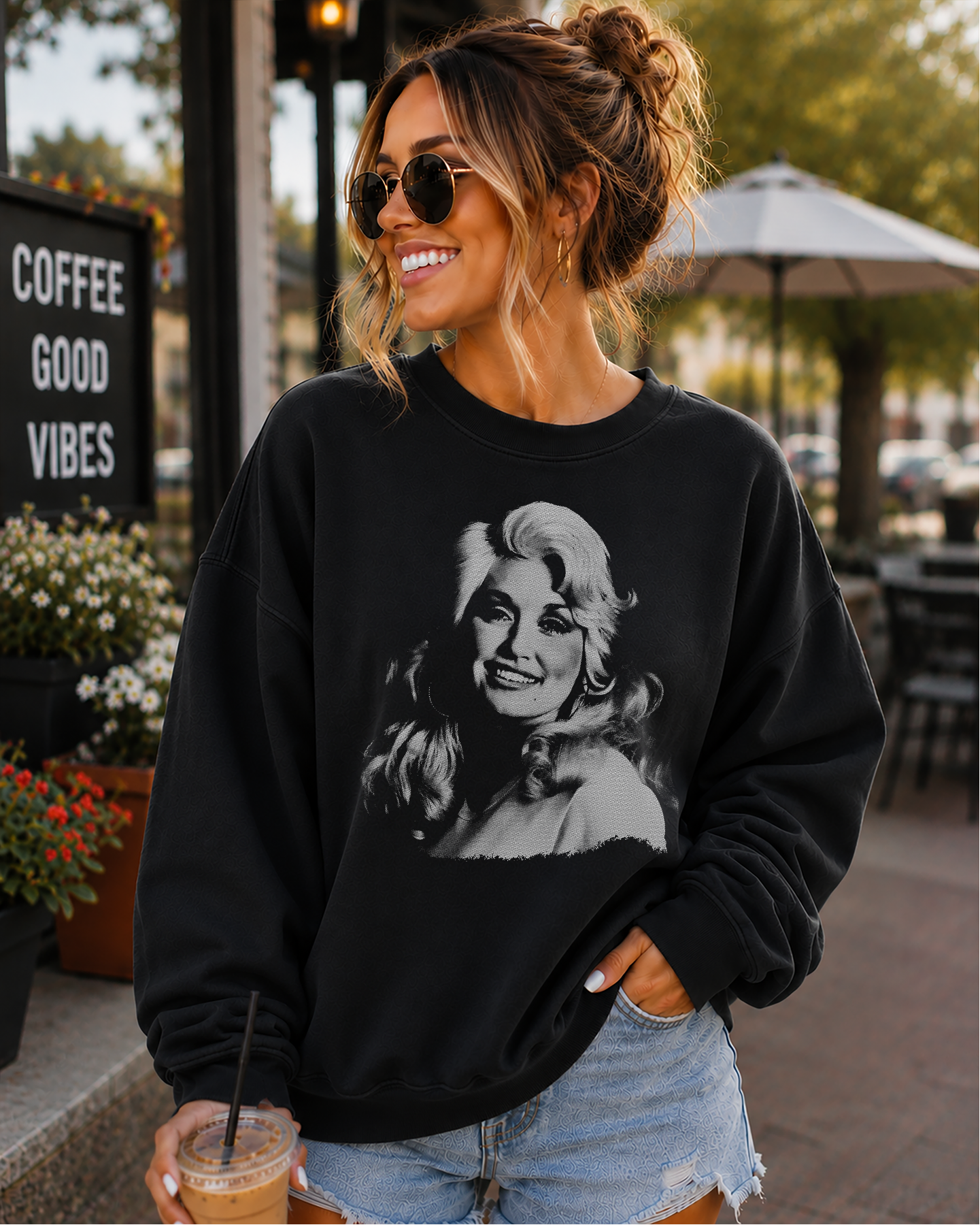 dolly parton halftone I do on a black shirt