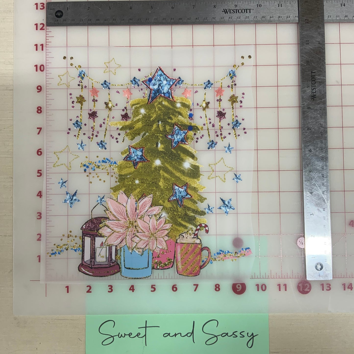 Tree and Poinsetta Glitter DTF Transfer Design
