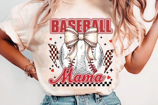 Baseball Mama coquette bow checkered DTF Transfer Design CF