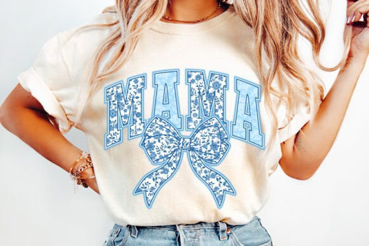 Blue Floral Mama Coquette Bow DTF Transfer Design CF
