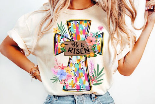 Boho He is Risen Floral Cross DTF Transfer Design CF