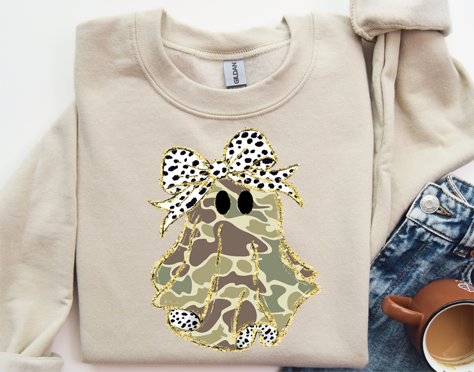 Camo coquette ghost gold glitter girl with bow DTF Transfer Design