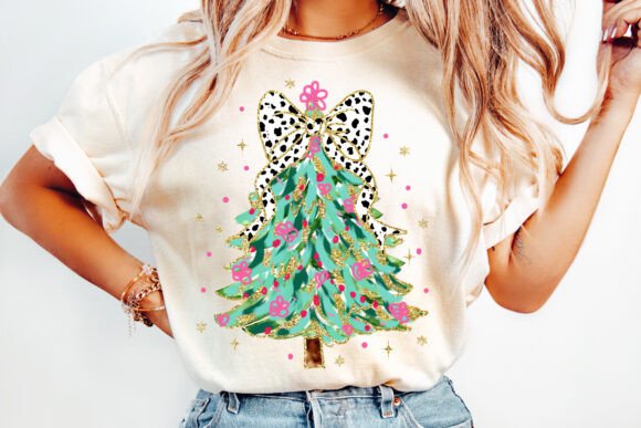 Glitter Christmas tree with dalmatian bow DTF Transfer Design
