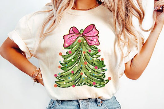 Christmas tree pink bow watercolor DTF Transfer Design
