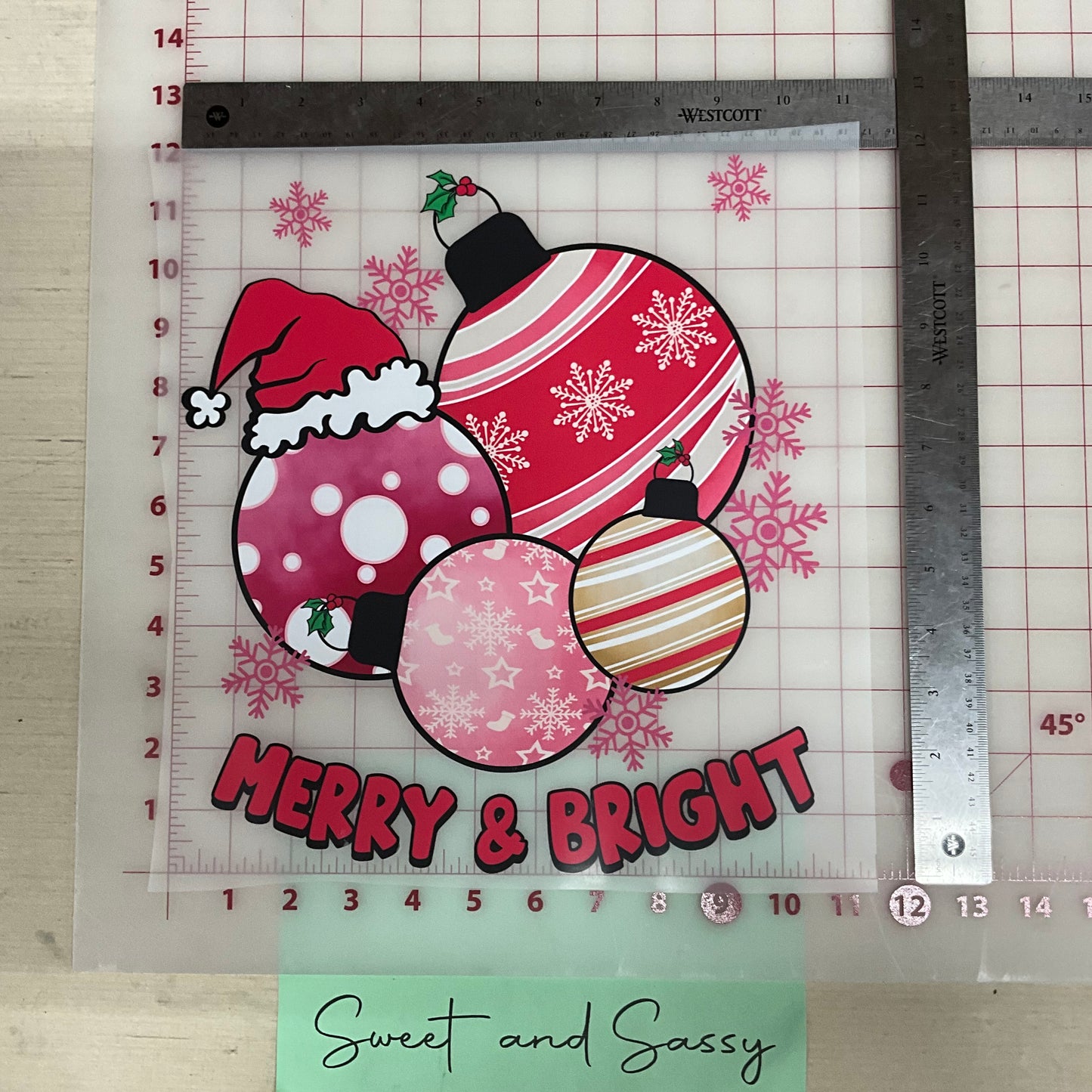 Merry and Bright Pink Ornaments DTF Transfer Design