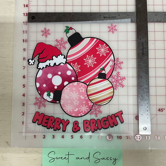 Merry and Bright Pink Ornaments  DTF Transfer Design