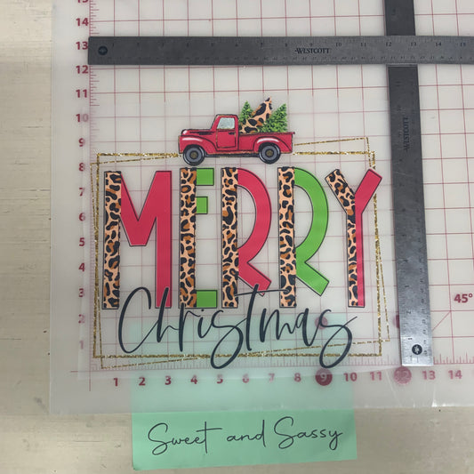 Merry Christmas, glitter square with leopard and truck DTF Transfer Design