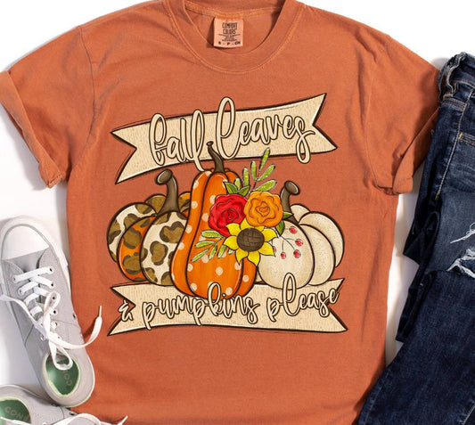 Fall Leaves and Pumpkins Please DTF Transfer Design