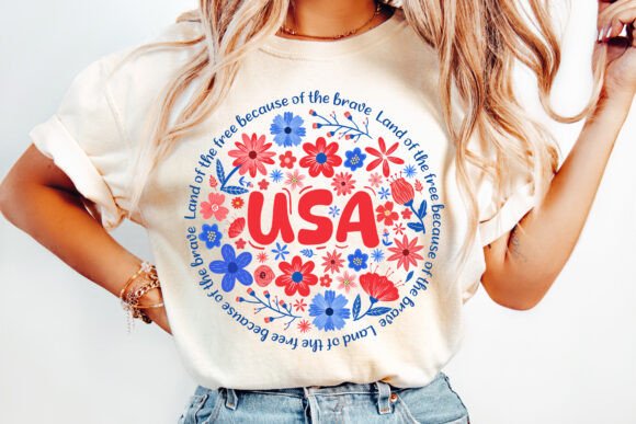 Land of the free USA flowers circle DTF Transfer Design CF