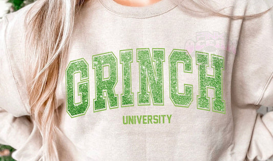 Grinch University glitter DTF Transfer Design