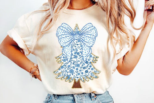 blue floral glitter Christmas tree DTF Transfer Design