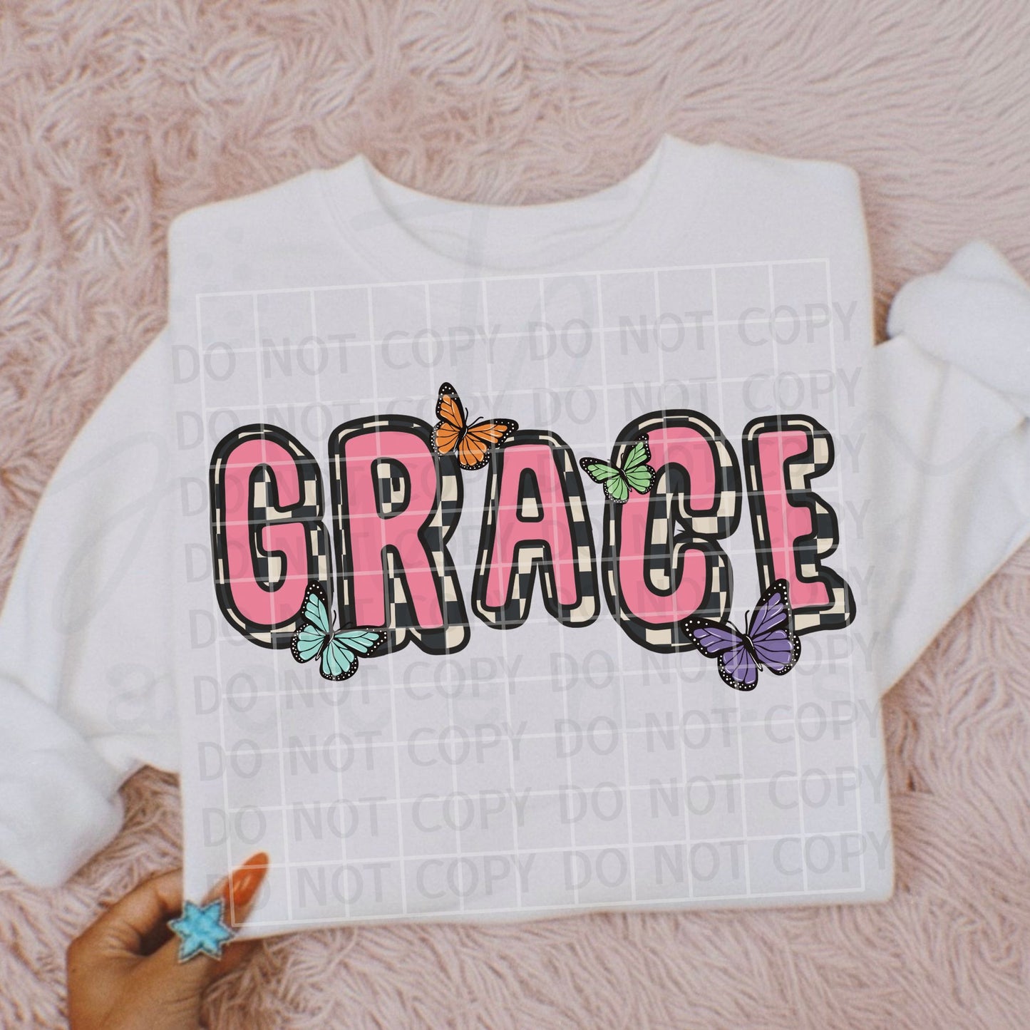 Grace checkered and butterflies DTF Transfer Design