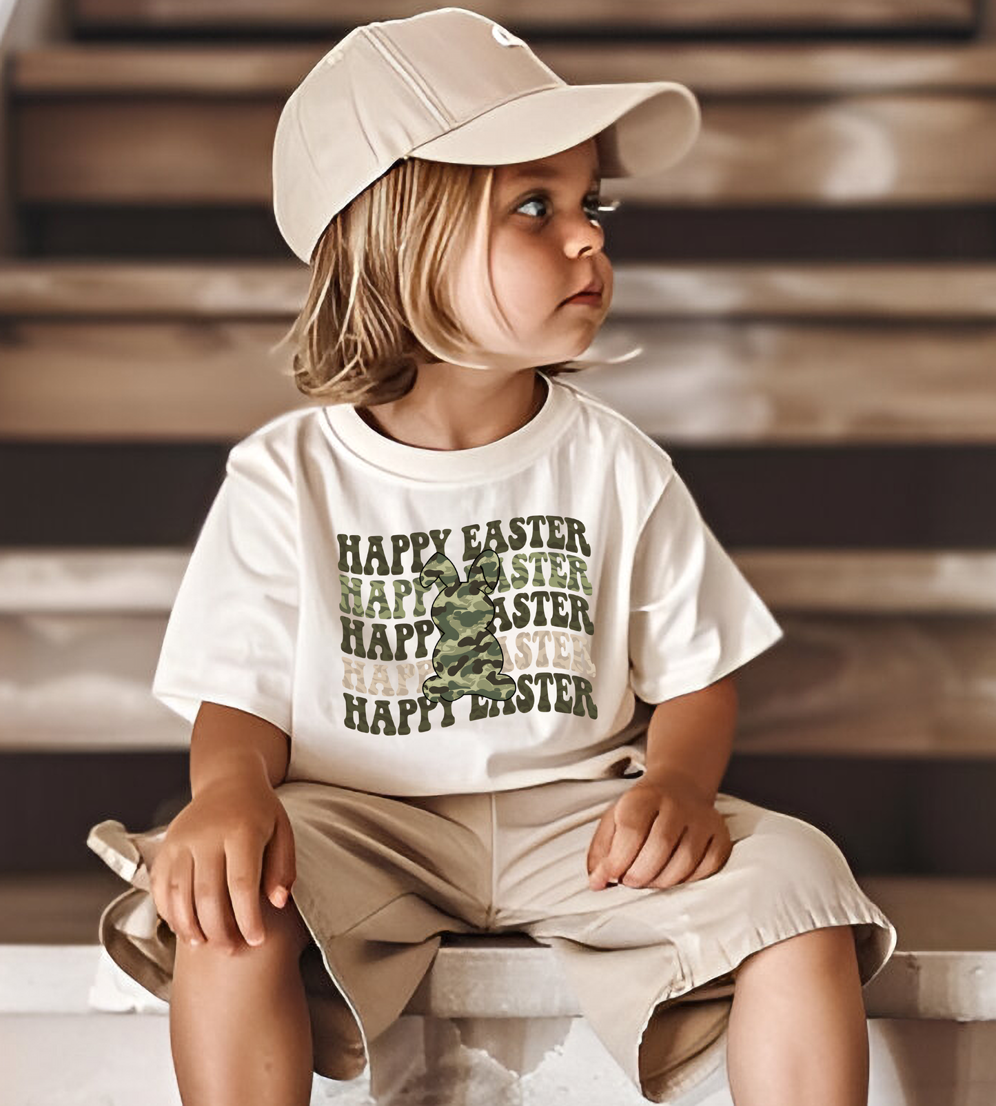 Happy Easter stacked wavy camo bunny DTF Transfer Design CF