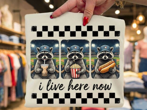 I Live Here Now raccoon baseball DTF Transfer Design