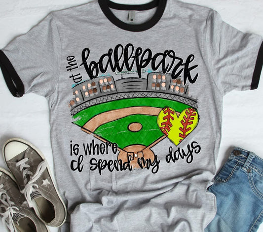 At the Ballpark is where I spend most of my days softball heart DTF Transfer Design