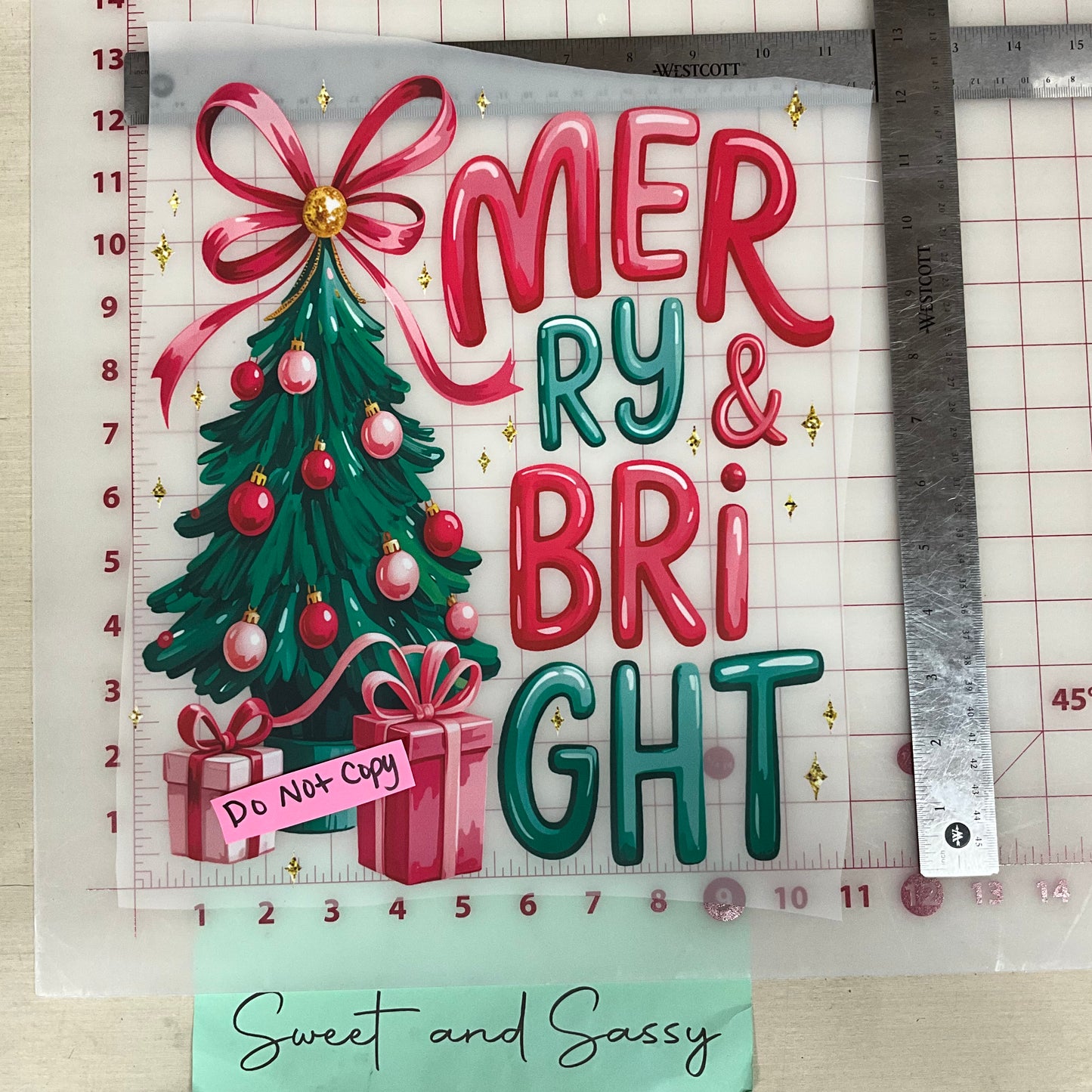 Merry and Bright stacked tree and presents DTF Transfer Design