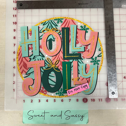 Holly Jolly circle green and pink trees Transfer Design