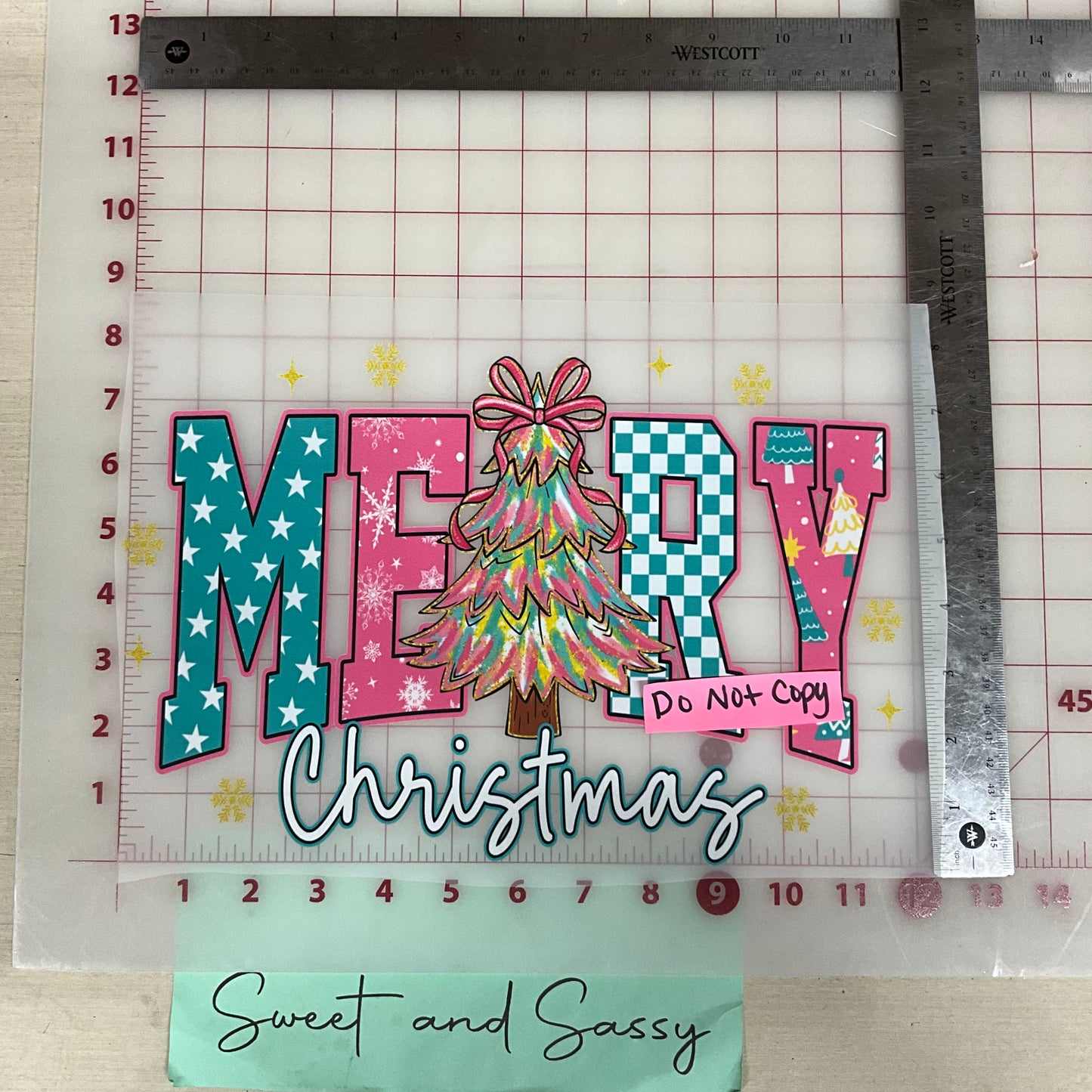 Merry christmas tree pink teal gold DTF Transfer Design