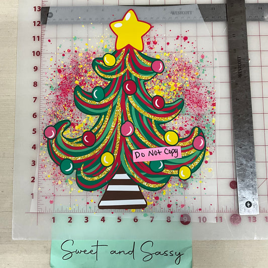 Christmas tree pink bow yellow star paint pine treee DTF Transfer Design