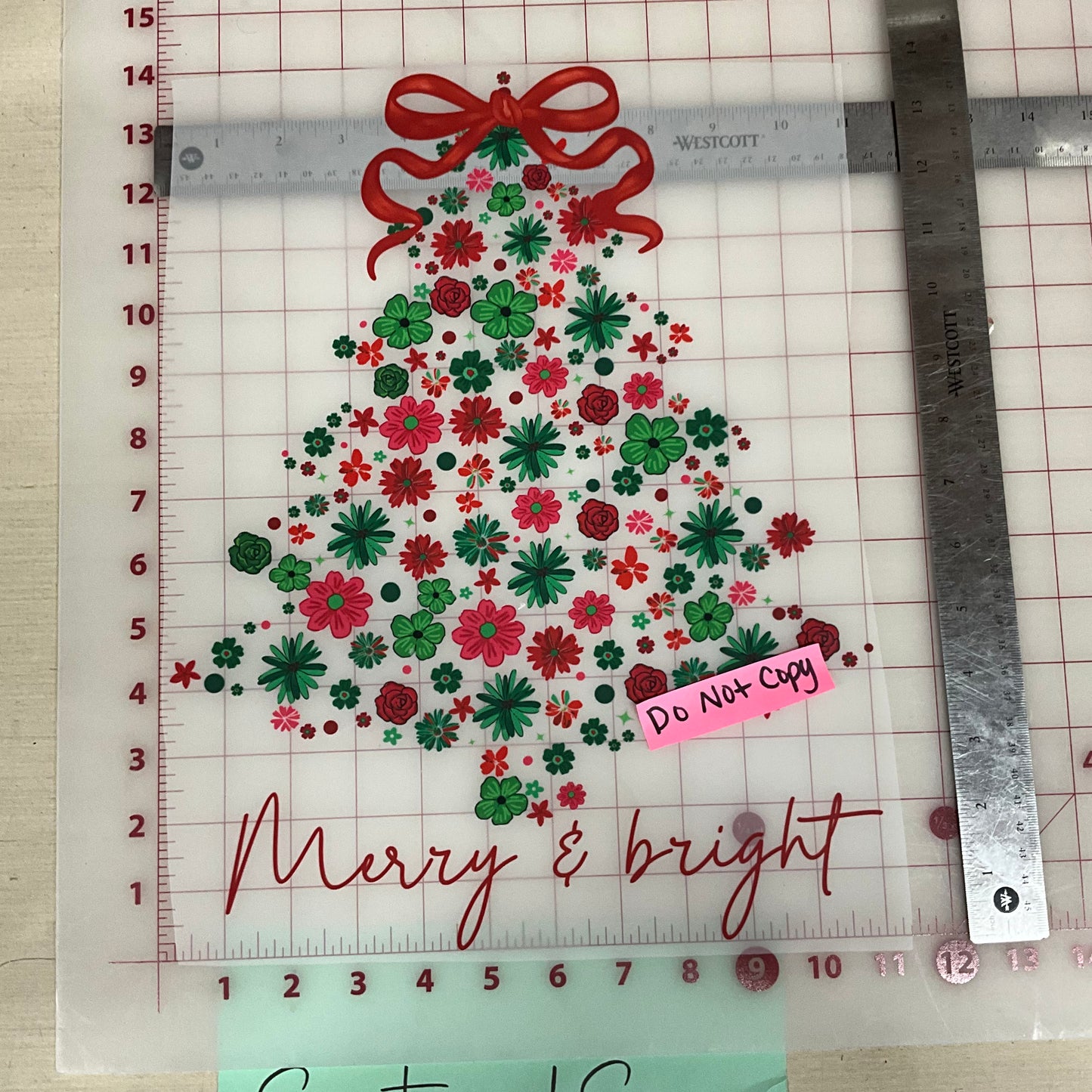 Merry and Bright tree flowers red bow DTF Transfer Design