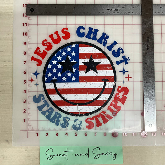 JESUS CHRIST STARS AND STRIPES  SMILEY FACE DTF Transfer Design