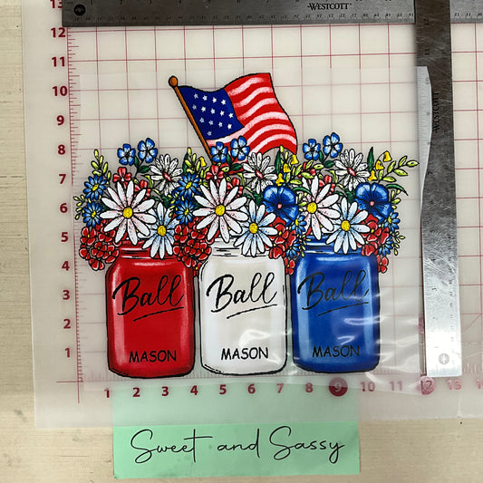 RED WHITE BLUE MASON JARS DTF Transfer Design