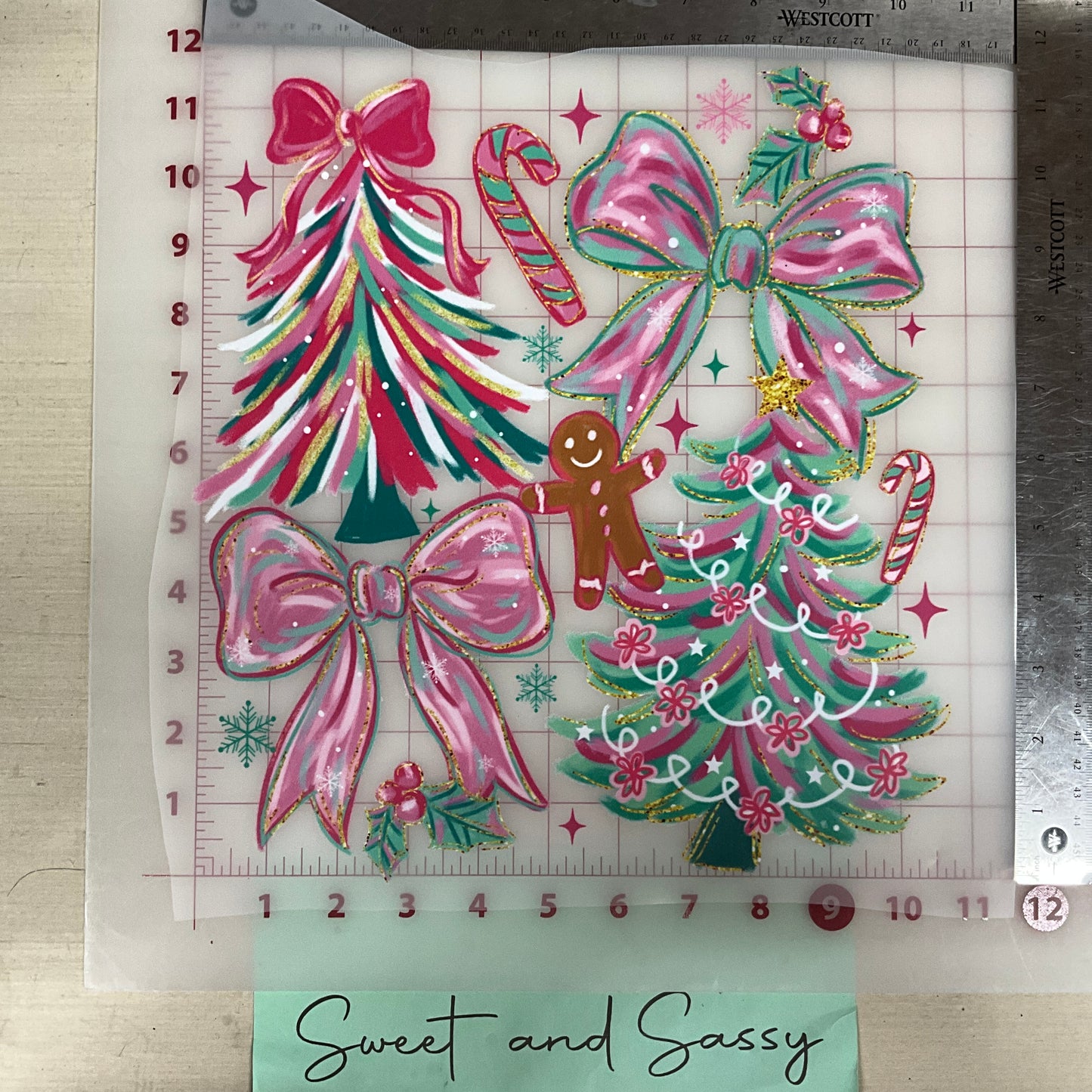 christmas collage pink mint tree bow gingerbread DTF Transfer Design