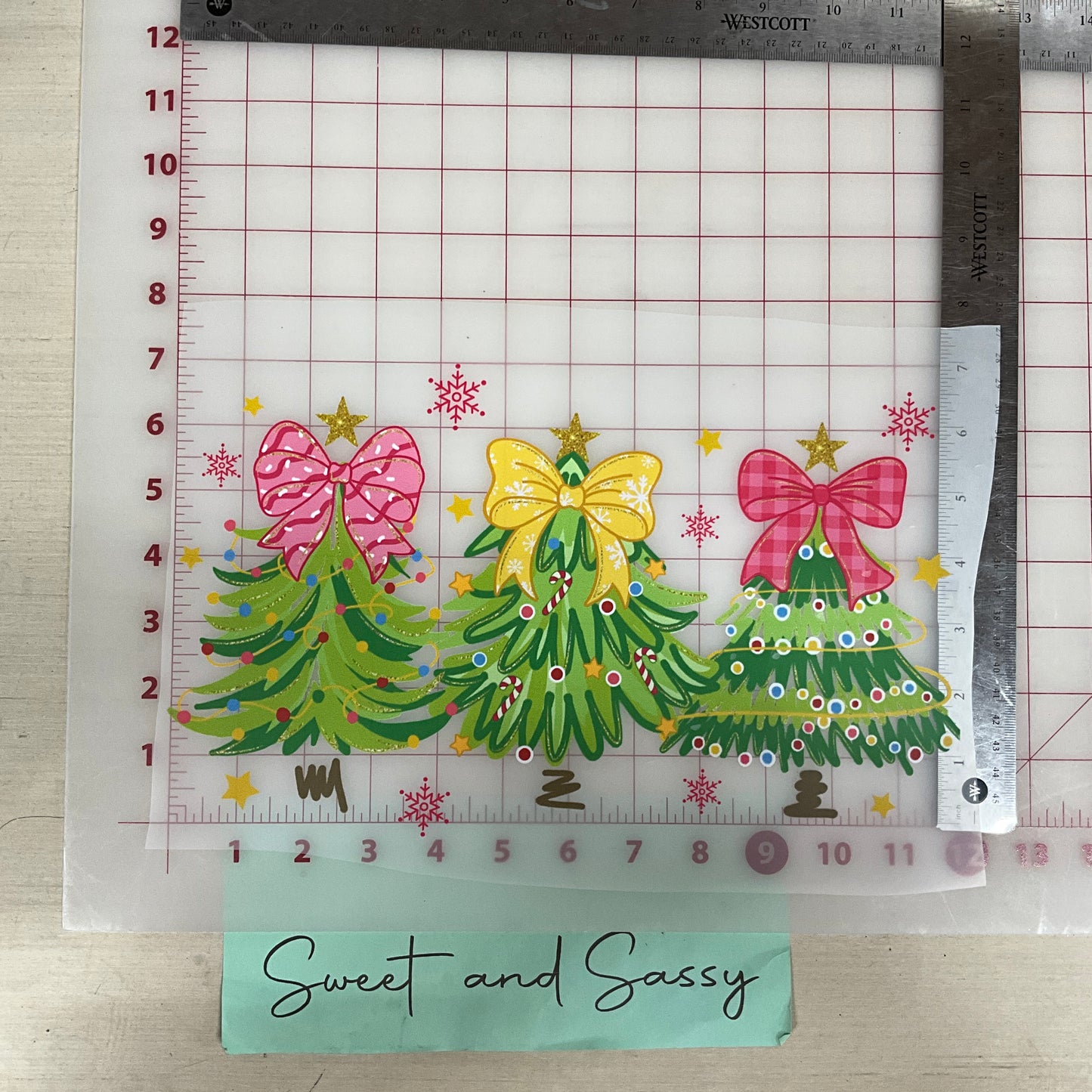 christmas trees pink yellow bows DTF Transfer Design