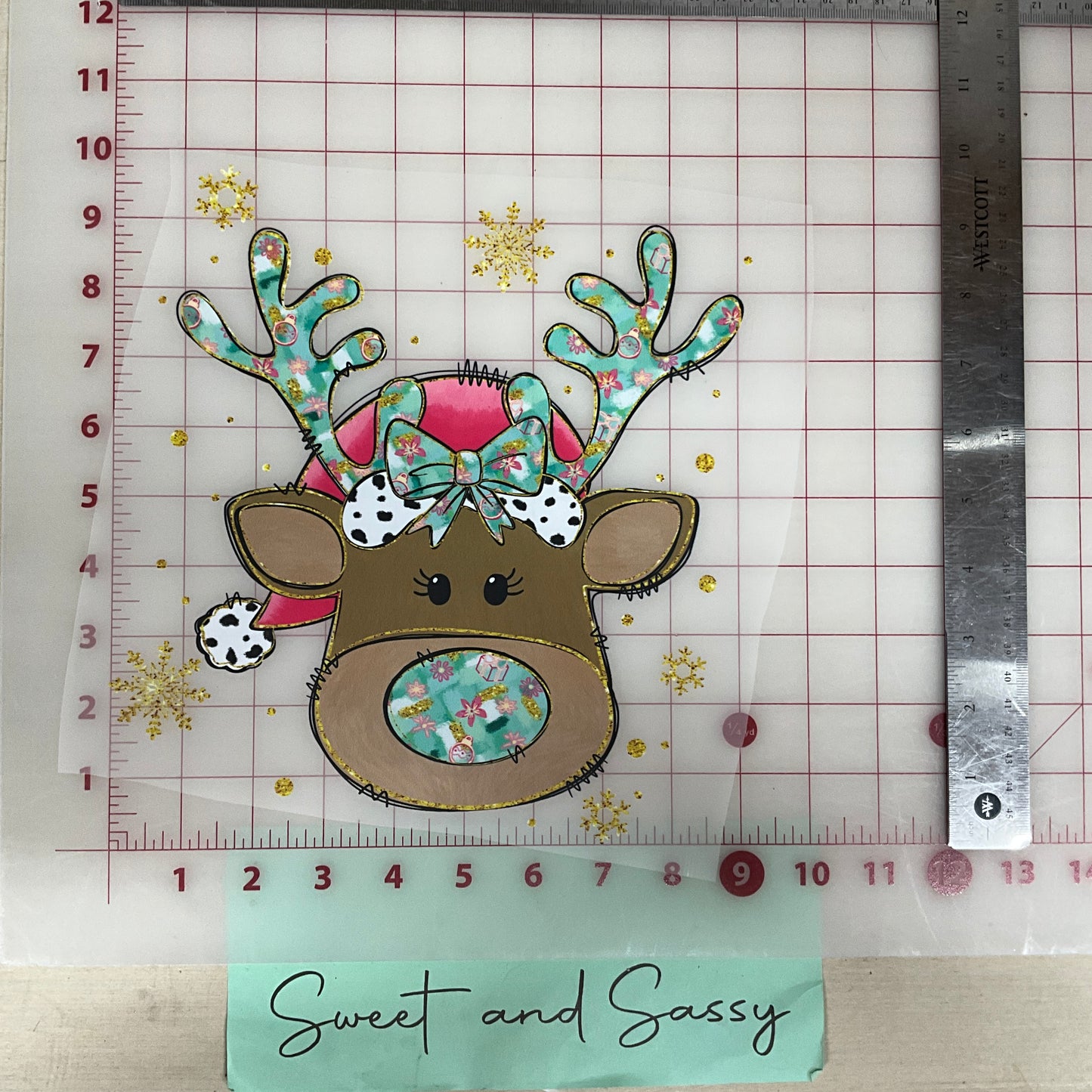 reindeer colorful bow antlers gold snow flakes DTF Transfer Design