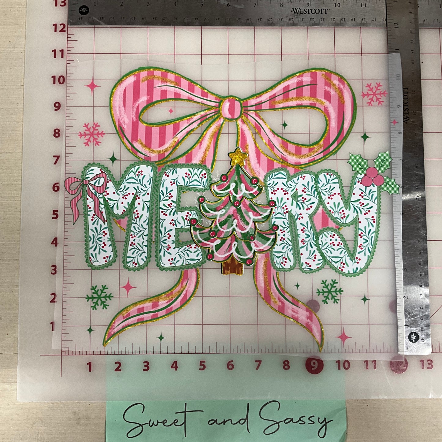 MERRY with green lace pink bow DTF Transfer Design