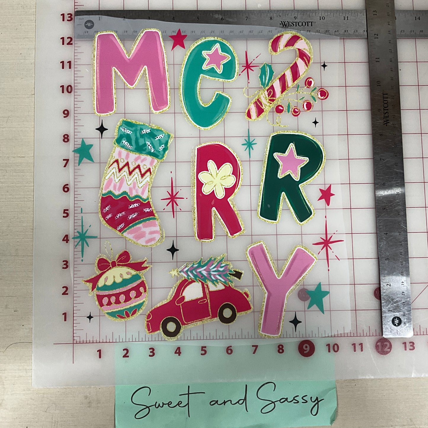 merry stacked car stocking ornament DTF Transfer Design