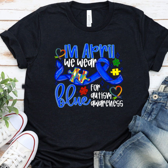 In April We wear Blue Autism Puzzle White DTF Transfer Design
