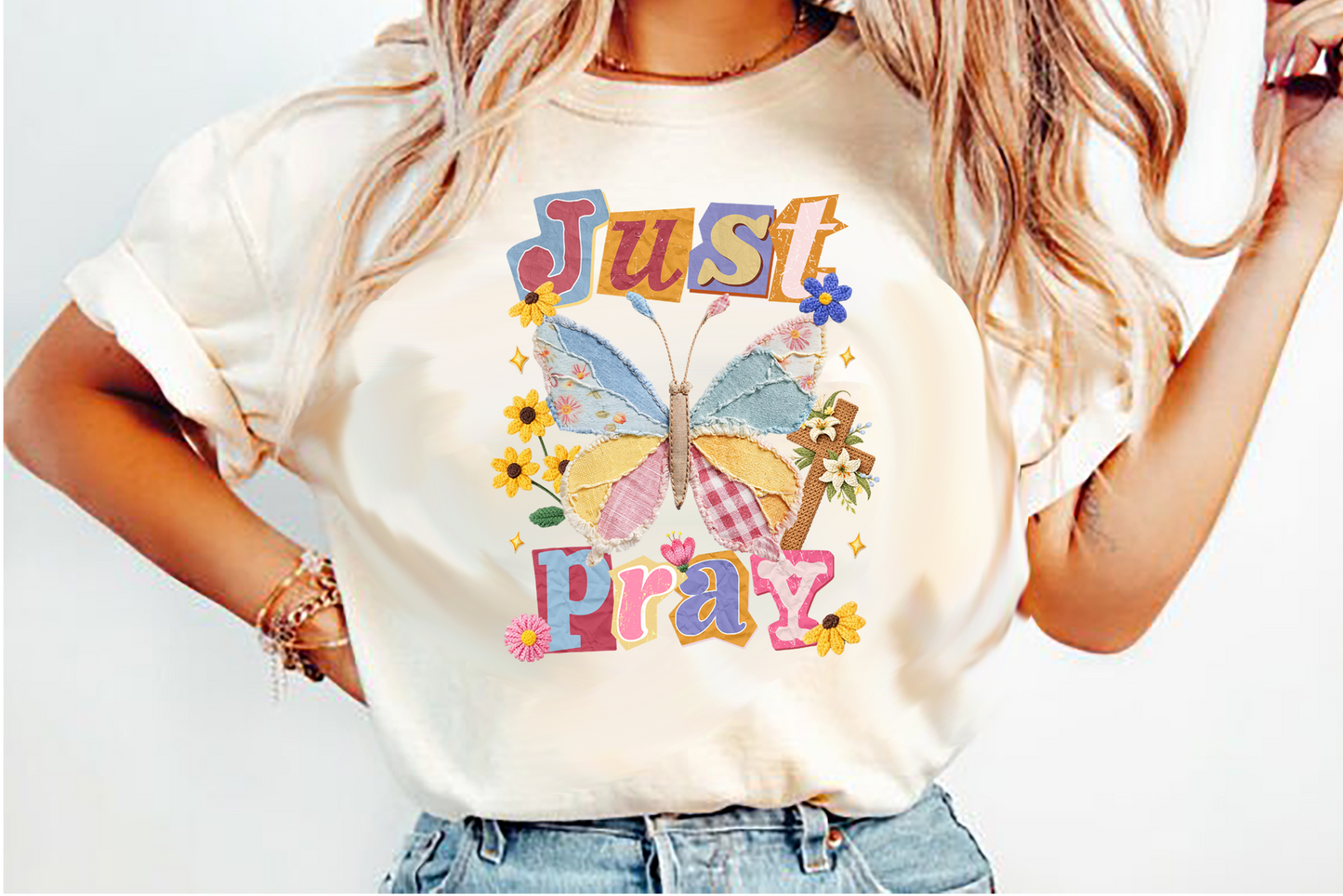 JUST PRAY butterfly patchwork DTF Transfer Design