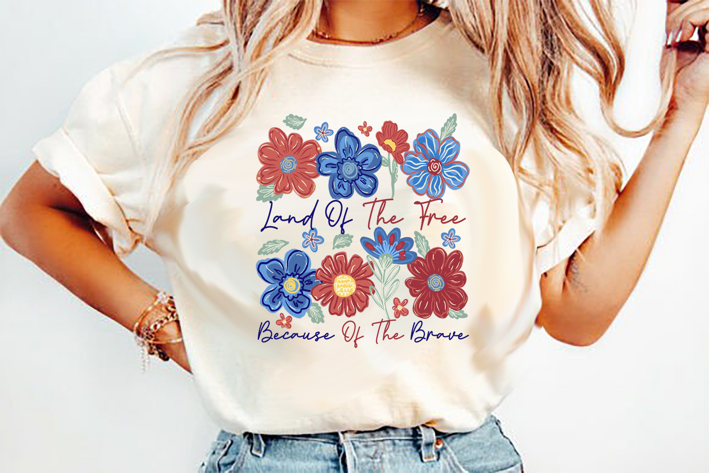 LAND OF THE FREE Because of the Brave flowers DTF Transfer design