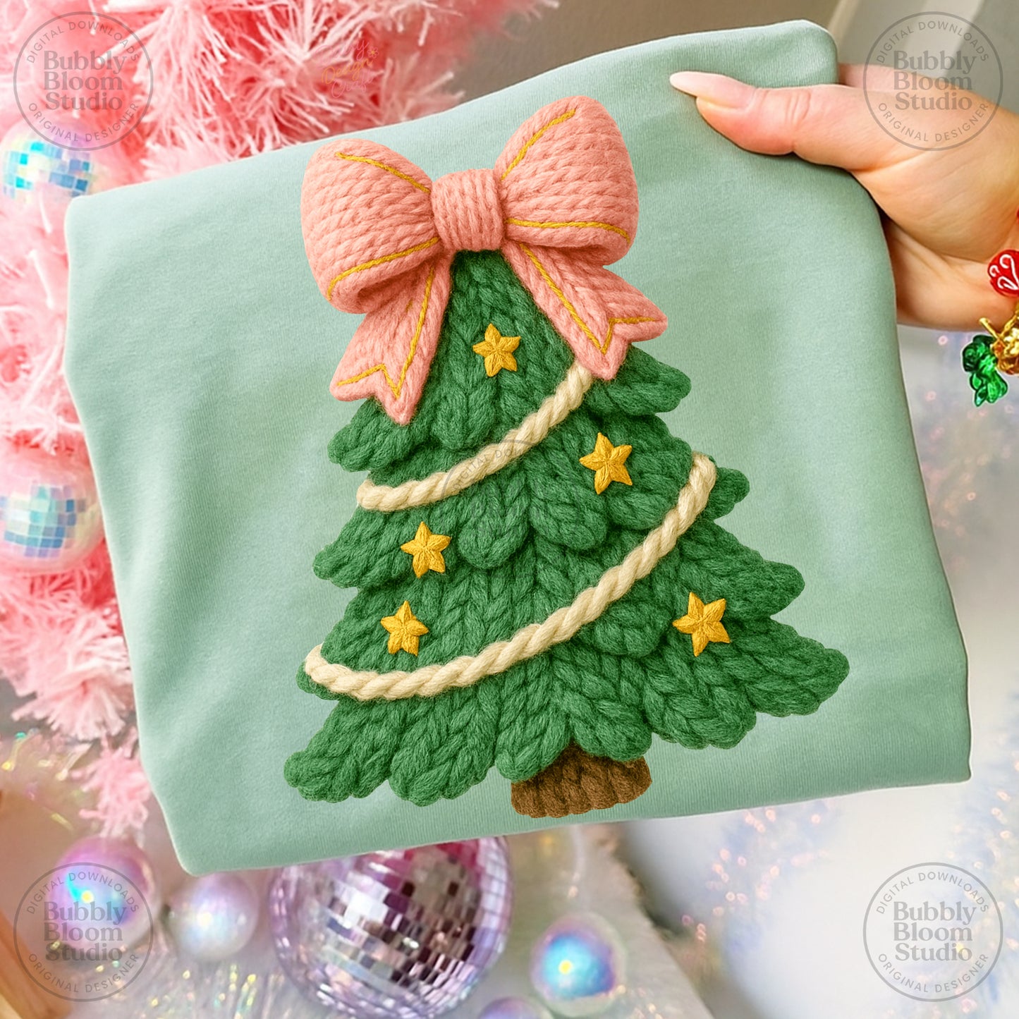 Christmas tree pink bow yellow stars yarn DTF Transfer Design