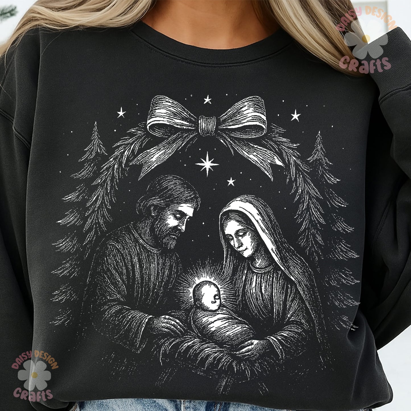 Nativity SCENE halftone not sure how I feel about Baby Jesus' face DTF Transfer Design