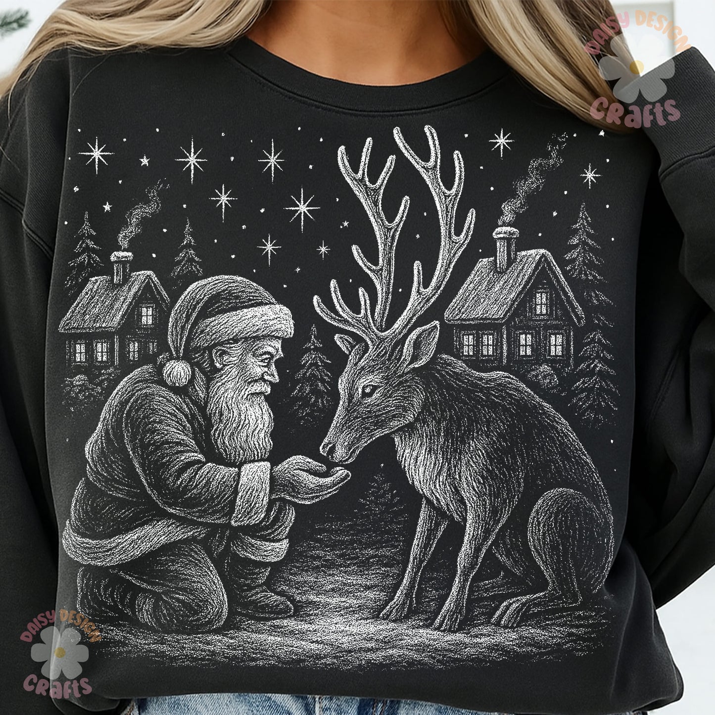 SANTA kneeling AND REINDEER 3 halftone DTF Transfer Design