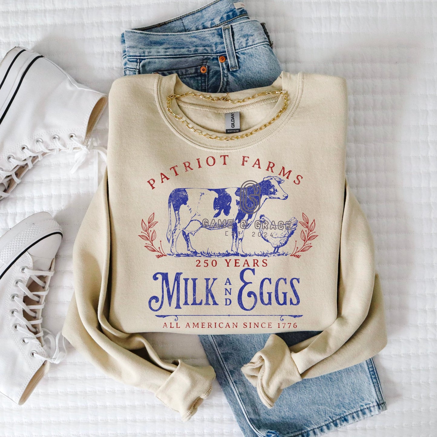 Patriot Farms Milk and Eggs 250 years grunge DTF Transfer Design