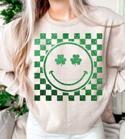 Glitter Smiley Clover Checkered DTF Transfer Design