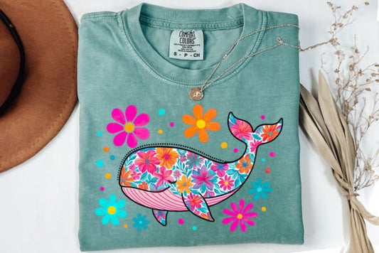 whale preppy with flowers DTF Direct To Film Transfer