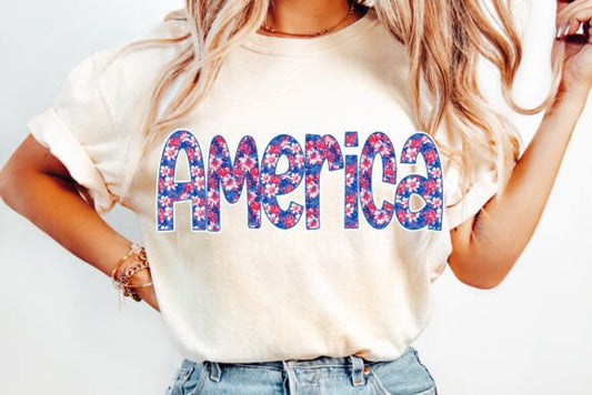 America Red White and Blue Flowers  DTF Transfer Design CF