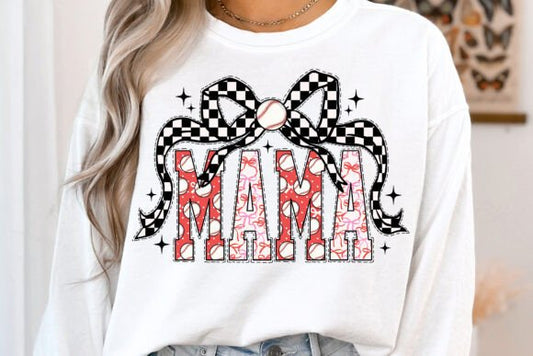 Coquette Baseball Mama with checkered bow DTF Transfer Design CF