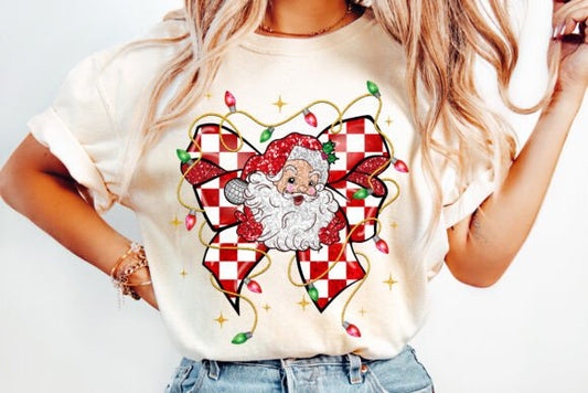 retro Santa Christmas checkered bow DTF Transfer Design