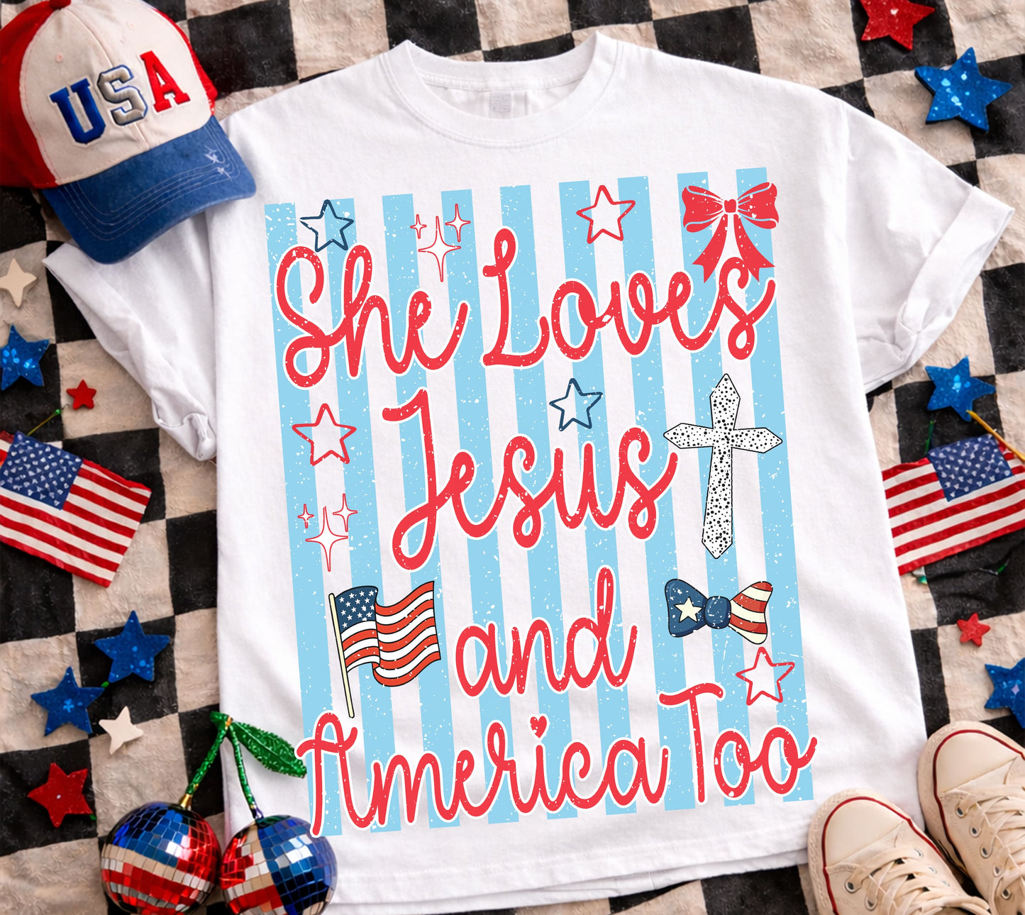 She loves Jesus and America too stripes DTF Transfer design