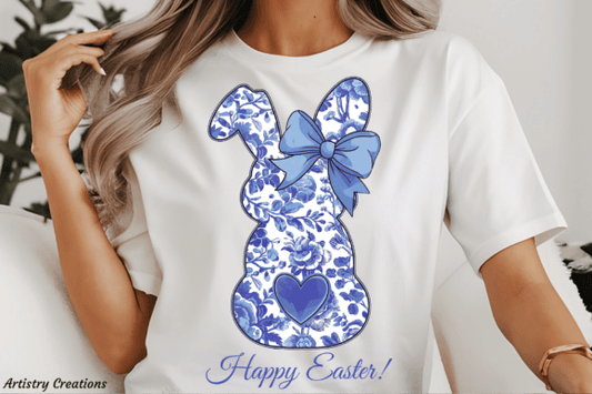 Happy Easter blue floral bunny DTF Transfer Design
