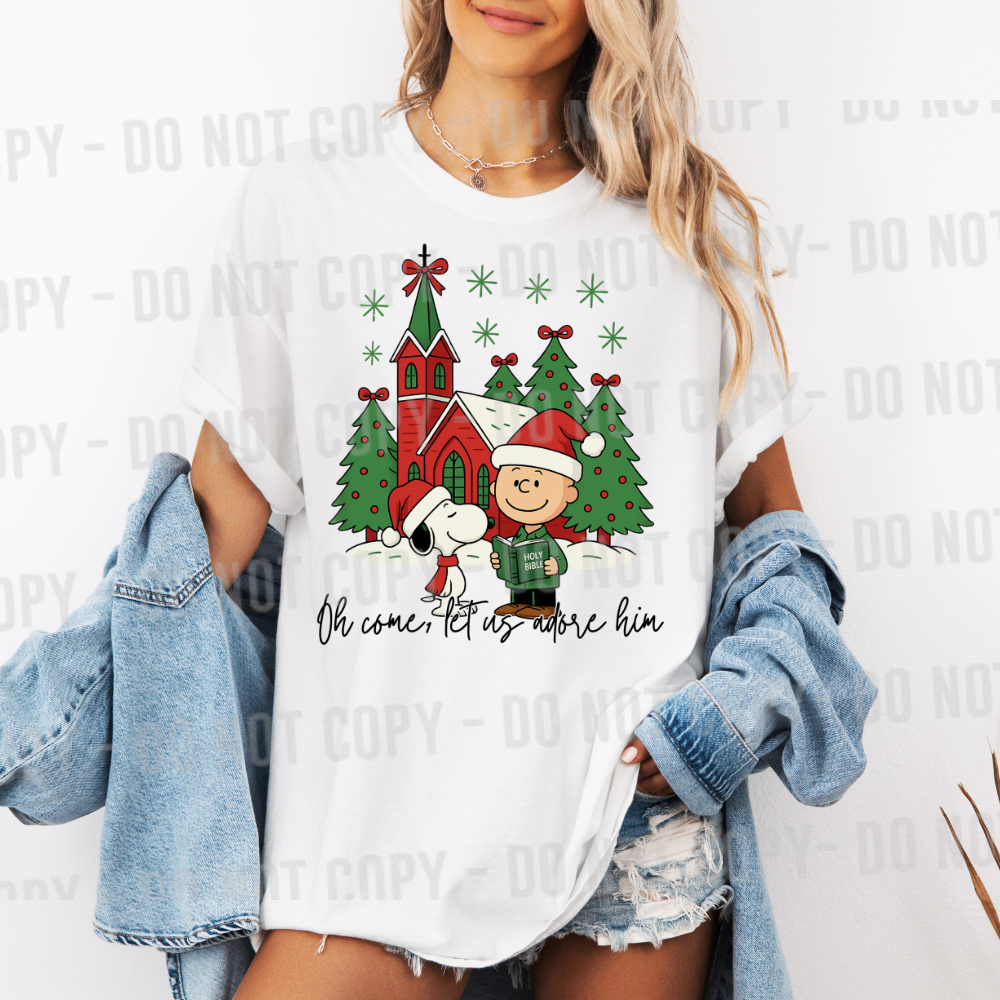 Oh come let us adore Him snoopy charlie brown church DTF Transfer Design